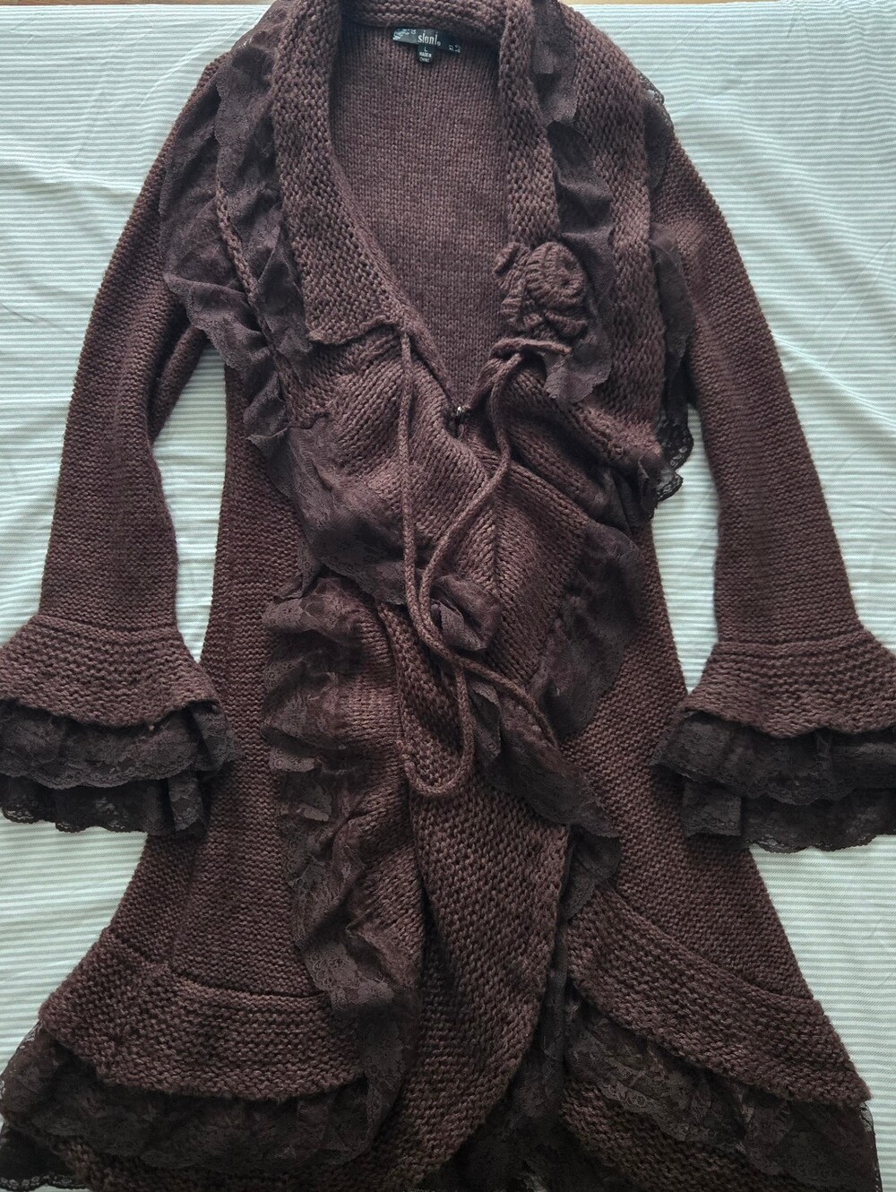 Vintage Y2k Fairycore Mori Dark Brown Ruffle-Trim Knit Cardigan
